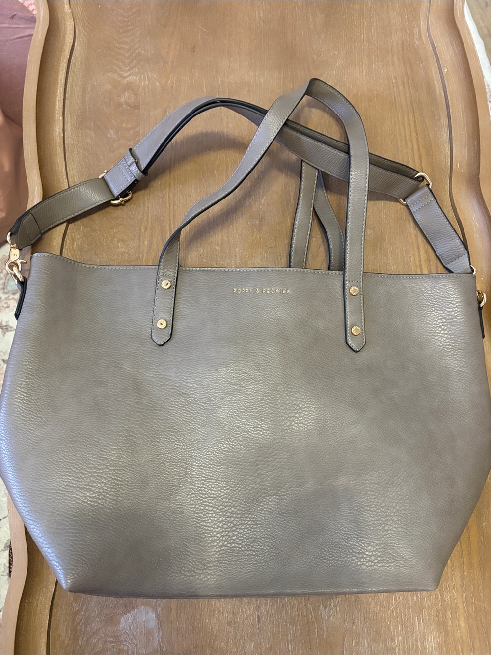 Poppy & Peonies Gray Pebbled Leather Tote with Adjustable Strap